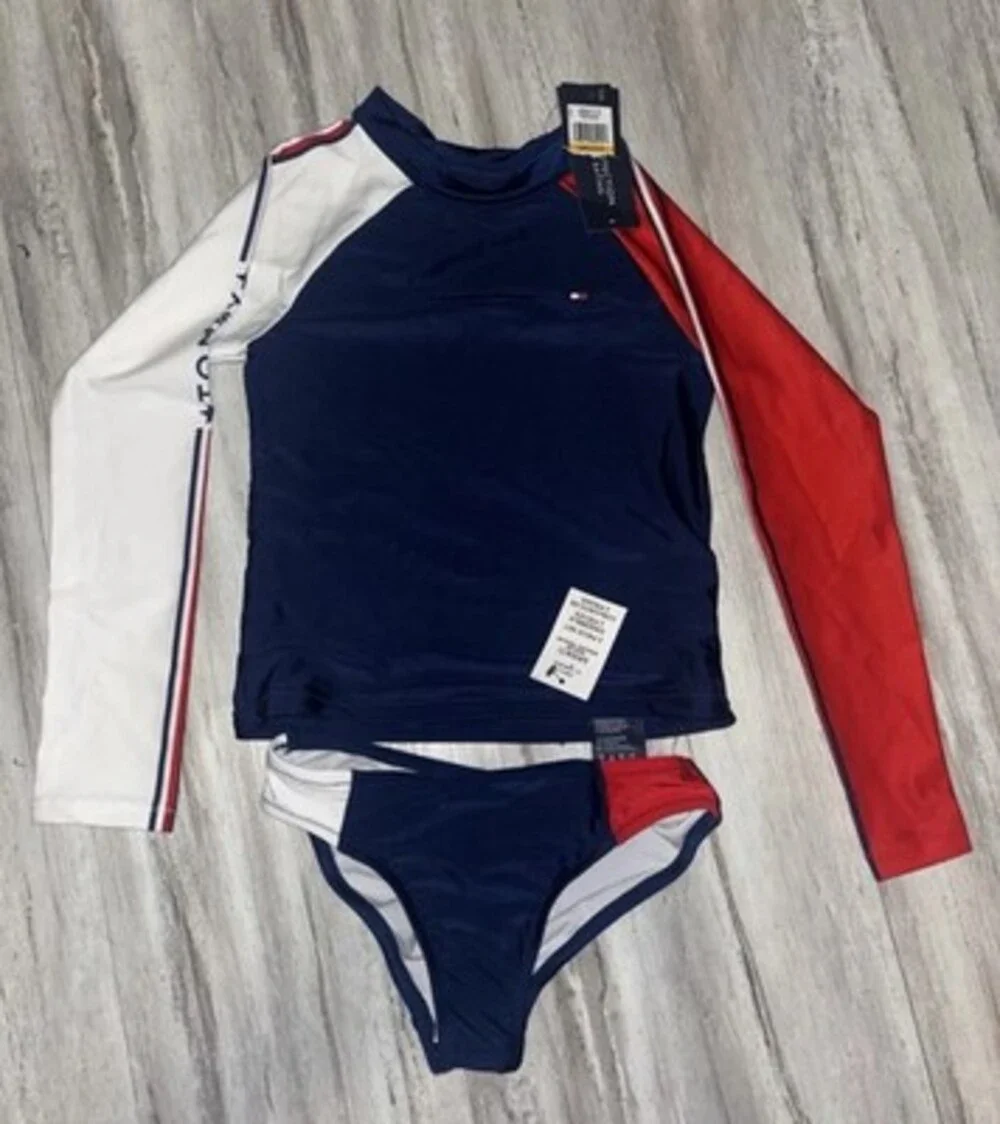 Tommy Hilfiger Girls Stripe Red White Blue 2 Piece Swimsuit Small/7 Bikini New